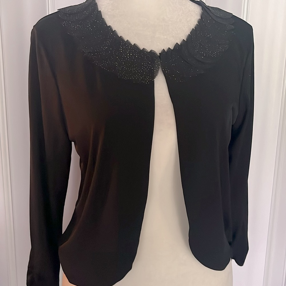 Glamour black 3/4 sleeve with scalloped metallic gold collar evening coverup S